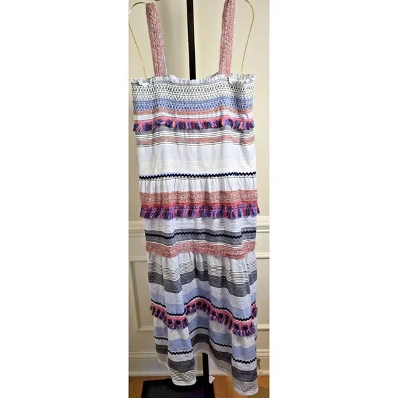 ZARA Boho Smocked Embroidered Midi Dress M Tassel Trim Multicolor Stripe Resort - Picture 4 of 16